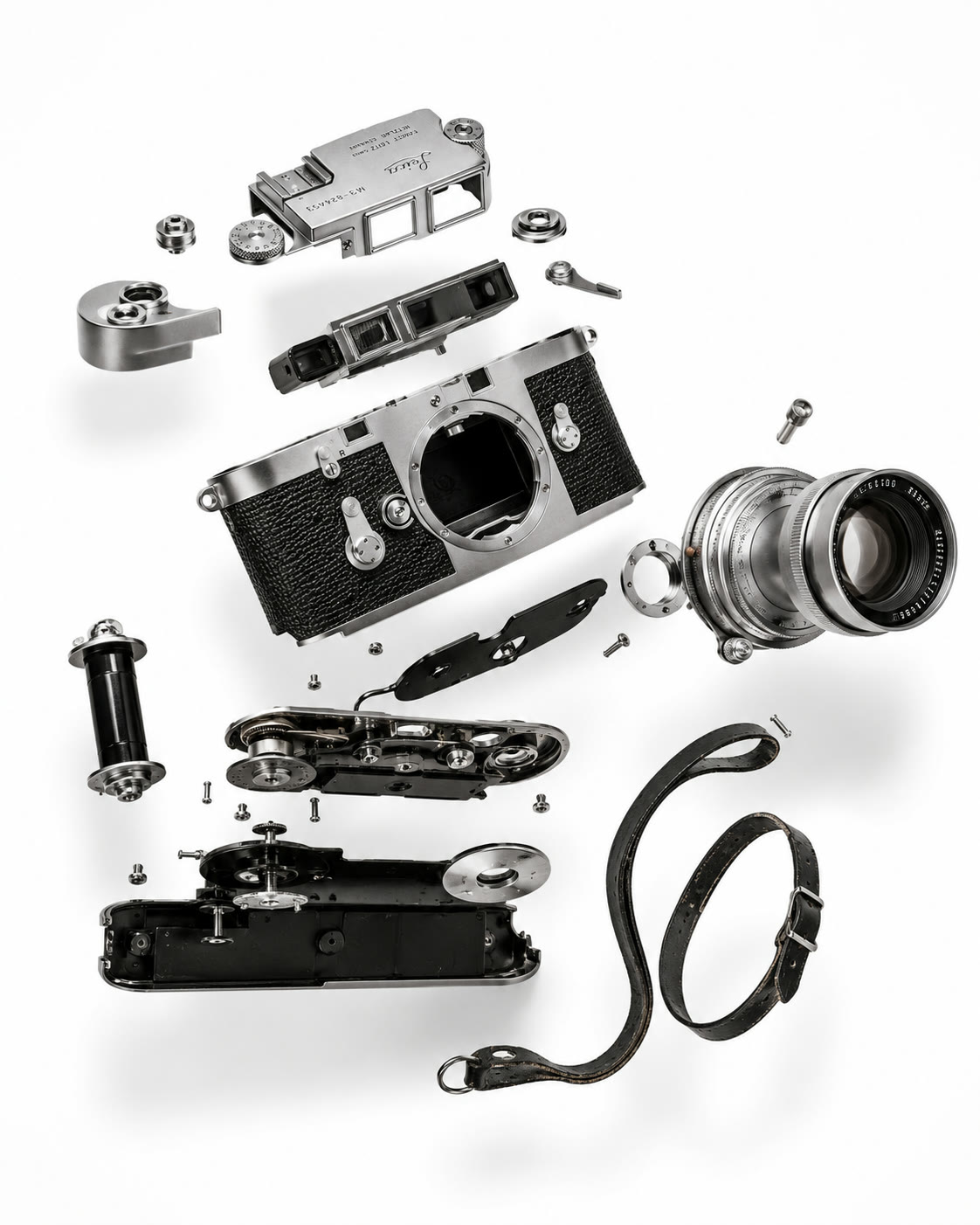A vintage camera taken apart into its pieces