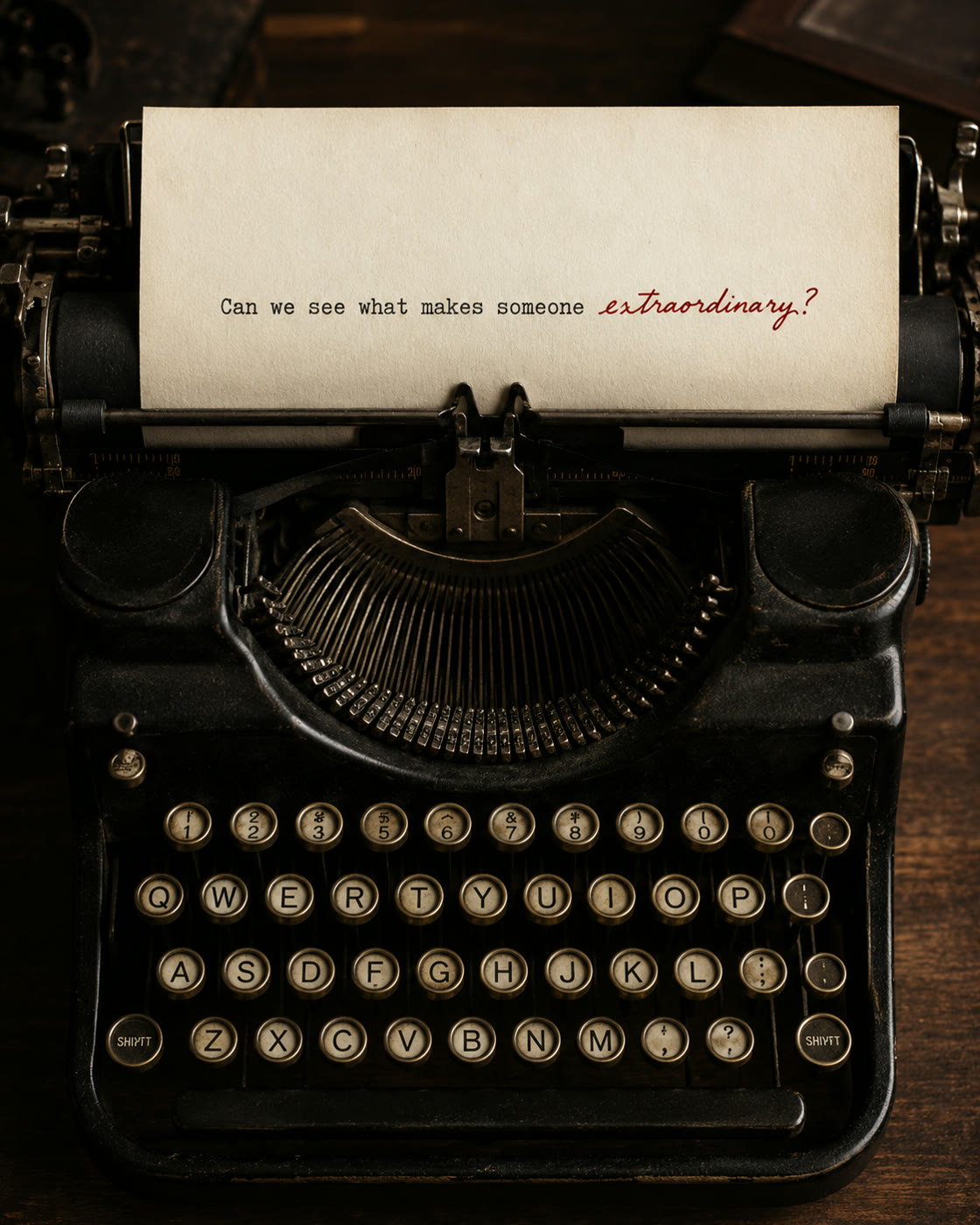 A vintage typewriter typing the word extraordinary